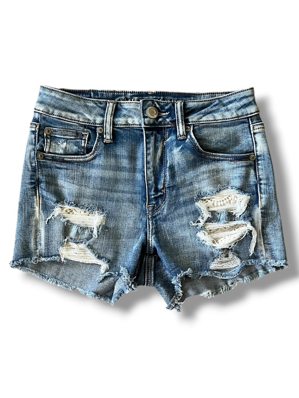 AEO Light Hi-Rise Shortie Next Level Stretch Distressed Denim Shorts Size 4